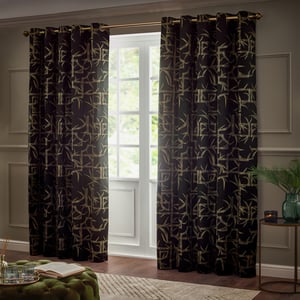 Paoletti Bamboo Fully Lined Jacquard Eyelet Curtain Pair, Black