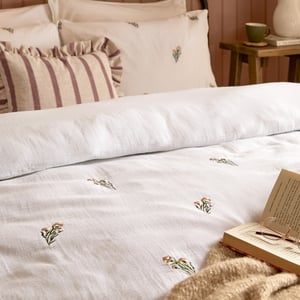 Wylder Josephine Embroidered Muslin Duvet Cover Set, White/Pink