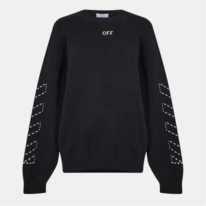 Men's Off White Embroidered Regular Fit Crew Neck Sweater in Black/Cream