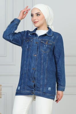 Laser Detailed Denim Jasje Blauw