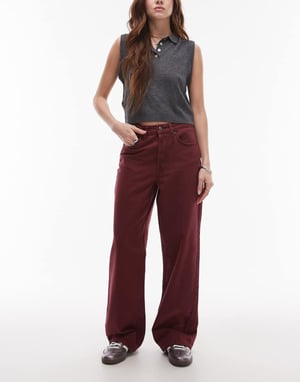 Topshop mid rise loose fit straight jean in burgundy