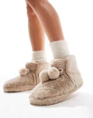 ASOS DESIGN Zyla pom pom bootie slippers in mink