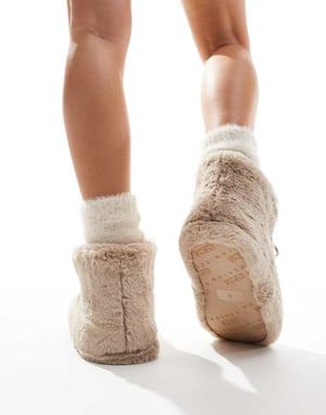 ASOS DESIGN Zyla pom pom bootie slippers in mink