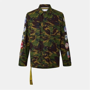 Men's Off White Camo Patterned Snap Button Field Jacket in Green/White
