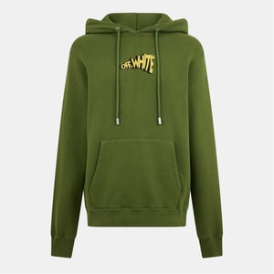 Men's Off White Slim Fit Lettering Hooded Sweatshirt in Green/Yellow