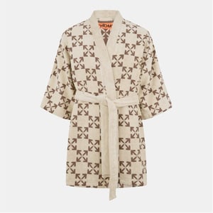 Women's Off White Patterned Robe with Short Sleeves in Cream/Taupe