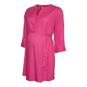 Women's Mamalicious Mlmercy Notched Neck Band Collar Three Quarter Sleeve Tunic in Fuchsia Purple