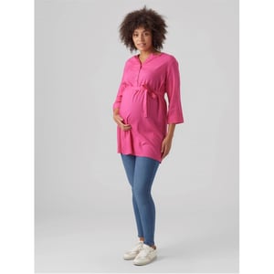Women's Mamalicious Mlmercy Notched Neck Band Collar Three Quarter Sleeve Tunic in Fuchsia Purple
