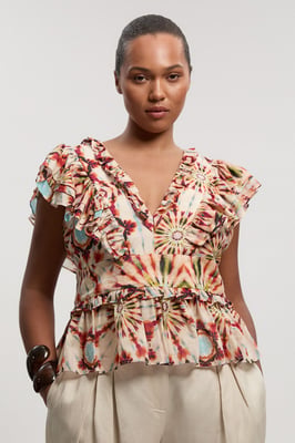 Plus Size Tile Print Silk Cotton Ruffle Detail Woven Top