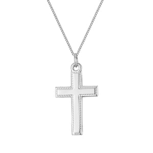 Rolled White Gold Beaded Edge Cross Pendant Necklace