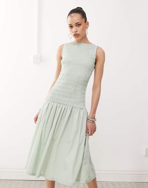 Amy Lynn shirred drop waist midi dress in mint green