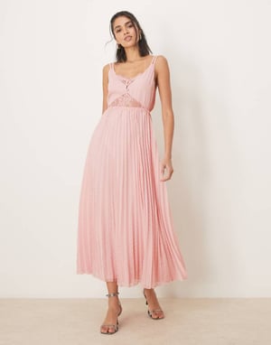 ASOS DESIGN double layer lace insert pleated midi dress in light pink
