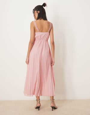 ASOS DESIGN double layer lace insert pleated midi dress in light pink