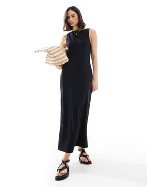 ASOS DESIGN wide rib sleeveless boat neck midi dress in black