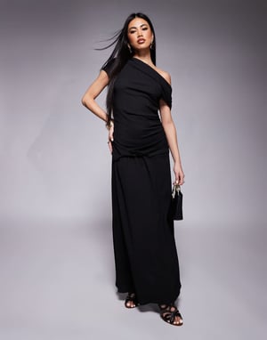 ASOS DESIGN fallen shoulder ruched asym waist midi dress in black