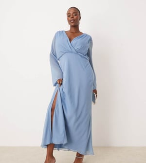 ASOS DESIGN Curve wrap front midi dress with seaming details in denim blue