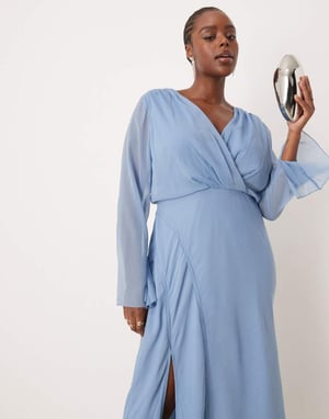 ASOS DESIGN Curve wrap front midi dress with seaming details in denim blue