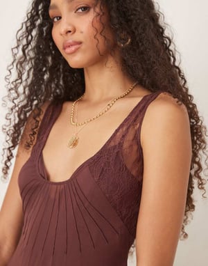 ASOS DESIGN lace and chiffon midi dress with godets in chocolate brown