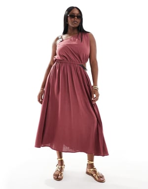 ASOS DESIGN Curve one shoulder textured midi dress pu trim detail in burgundy