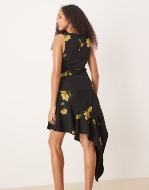 ASOS DESIGN asymmetric frill hem midi dress in black and yellow floral print