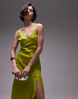 Topshop twist shoulder exposed seam midi slip dress in lime green