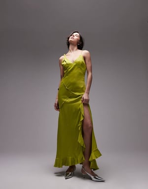 Topshop twist shoulder exposed seam midi slip dress in lime green