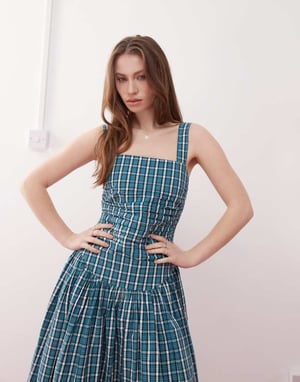 Reclaimed Vintage midi sundress with drop waist in green check