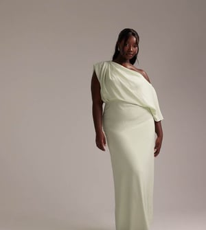 ASOS DESIGN Curve Bridesmaids crepe one shoulder draped maxi dress in light green