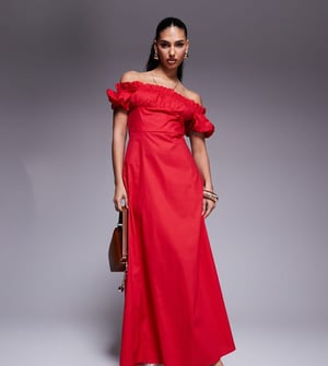 Kaiia exclusive cotton rich bardot poplin puff sleeve maxi dress in red