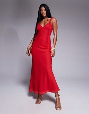 ASOS DESIGN tie detail corset bias maxi dress with frills in red