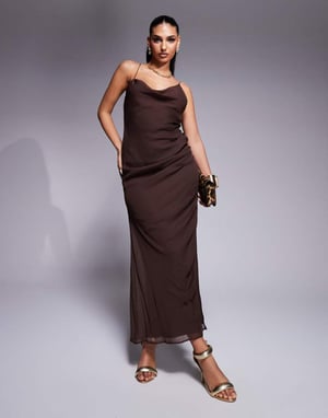 ASOS DESIGN asymmetric neck maxi dress with draped skirt and cutaway split in chocolate
