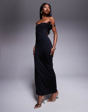 ASOS DESIGN cut detail bandeau maxi dress with gold hardware detail in black