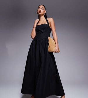 Kaiia exclusive cotton rich poplin square neck halter maxi dress in black