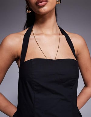 Kaiia exclusive cotton rich poplin square neck halter maxi dress in black