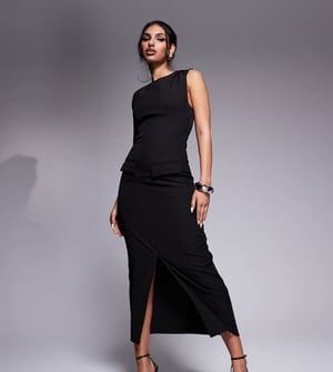 Kaiia exclusive tailored sleeveless high neck pocket detail split front maxi dress in black