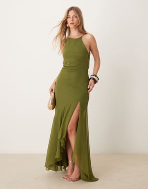 ASOS DESIGN racer neck low cowl back maxi dress with high low frill hem in green