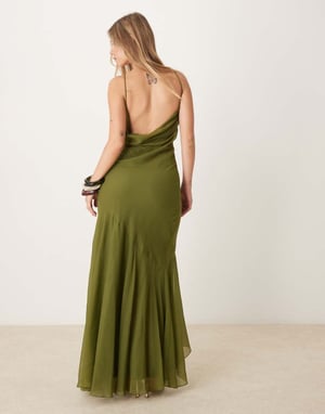 ASOS DESIGN racer neck low cowl back maxi dress with high low frill hem in green