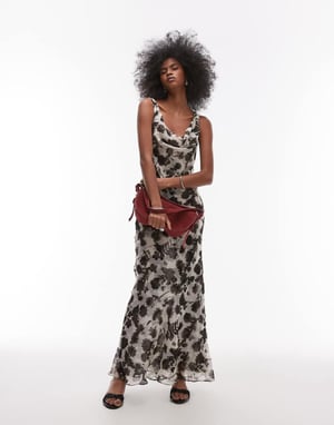 Topshop built up double layered cowl neck maxi dress in mono floral