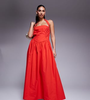 Kaiia exclusive cotton rich poplin square neck halter maxi dress in red