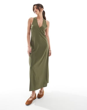ONLY maxi dress with cross back detail in khaki