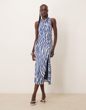 Abercrombie & Fitch cowl neck maxi dress with thigh split in blue animal print
