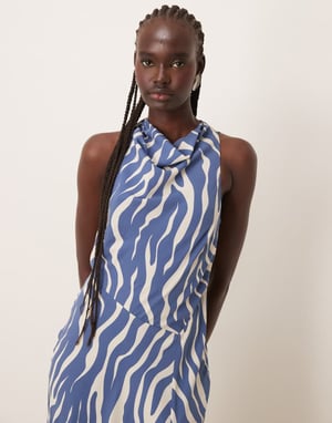 Abercrombie & Fitch cowl neck maxi dress with thigh split in blue animal print