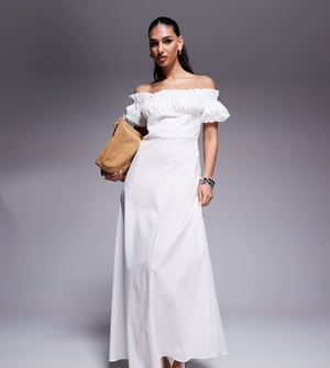 Kaiia exclusive cotton rich bardot poplin puff sleeve maxi dress in white