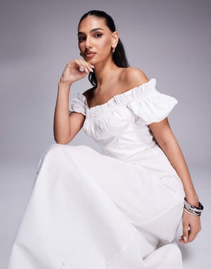 Kaiia exclusive cotton rich bardot poplin puff sleeve maxi dress in white