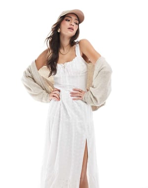 Hollister embroidered eyelet detail shirred bust maxi dress with thigh split in white