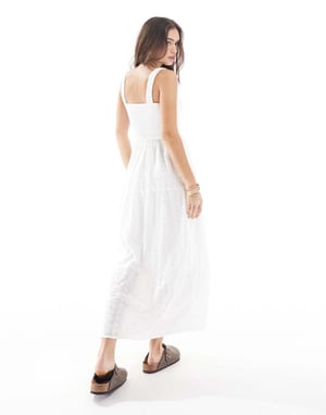 Hollister embroidered eyelet detail shirred bust maxi dress with thigh split in white