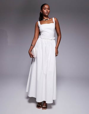 Kaiia exclusive cotton rich poplin square neck ruffle waist maxi dress in white