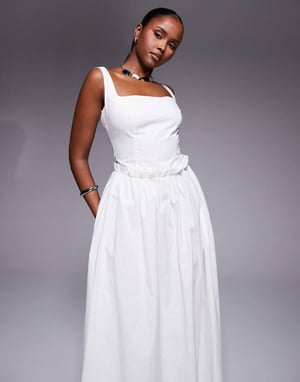 Kaiia exclusive cotton rich poplin square neck ruffle waist maxi dress in white