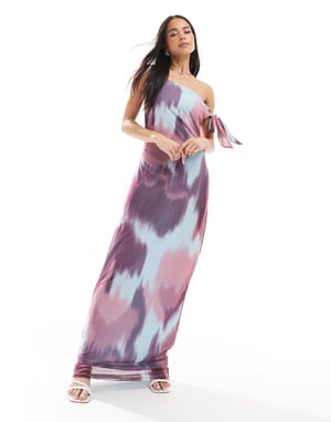Vero Moda mesh asymmetric off shoulder maxi dress in blurred purple print