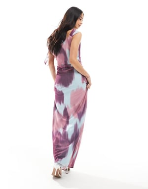 Vero Moda mesh asymmetric off shoulder maxi dress in blurred purple print